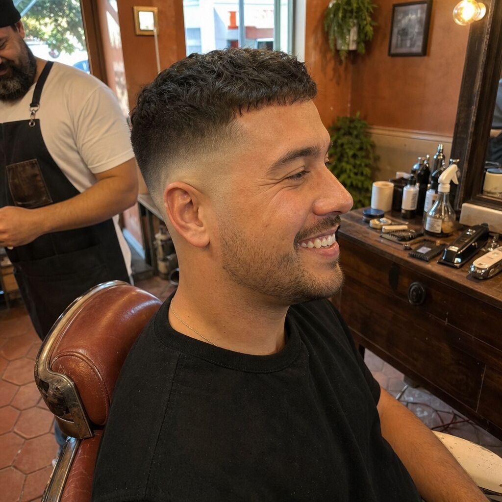 Sample image for an Instagram post: a fresh fade just finished in a warm neighborhood barbershop