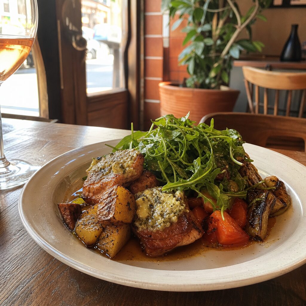 Sample image for an Instagram post: the plat du jour on a wooden table in a warm neighborhood bistro